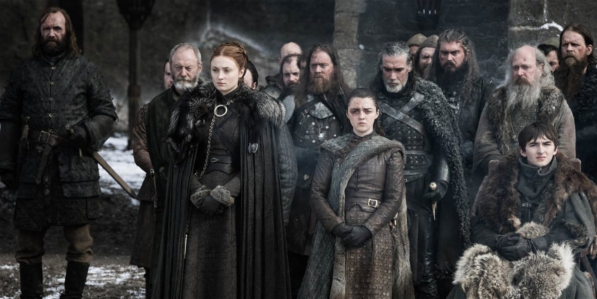 Rory McCann, Liam Cunningham, Sophie Turner, Maisie Williams e Isaac Hempstead-Wright in Game of Thrones 8x04