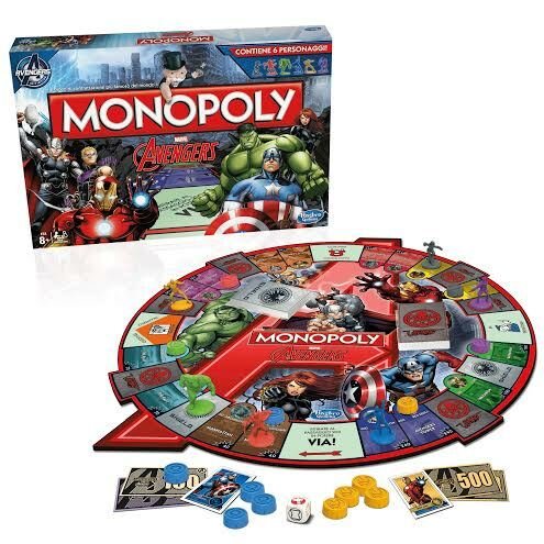 La scatola e la plancia di gioco del Monopoly Avengers di Hasbro
