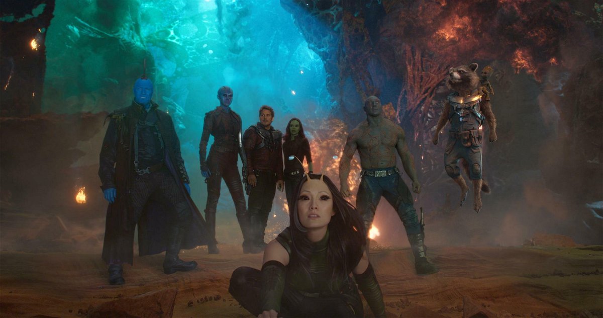Chris Pratt, Zoe Saldana, Pom Klementieff e Dave Bautista in Guardiani della Galassia Vol. 2