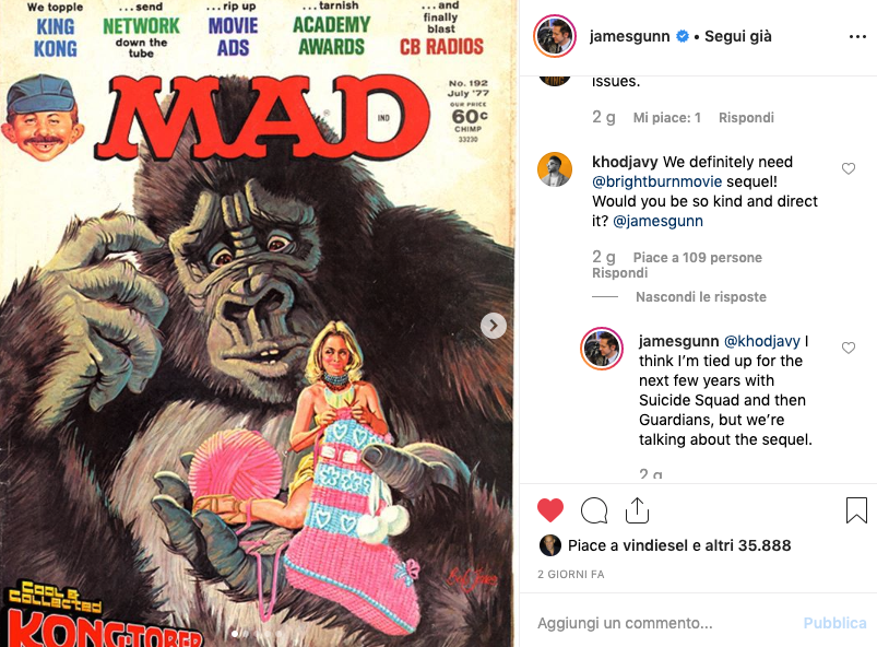 A sinistra l'immagine di una delle cover del magazine Mad, a destra domanda e risposta tra un fan e James Gunn a proposito del sequel del film L'angelo del male - Brightburn