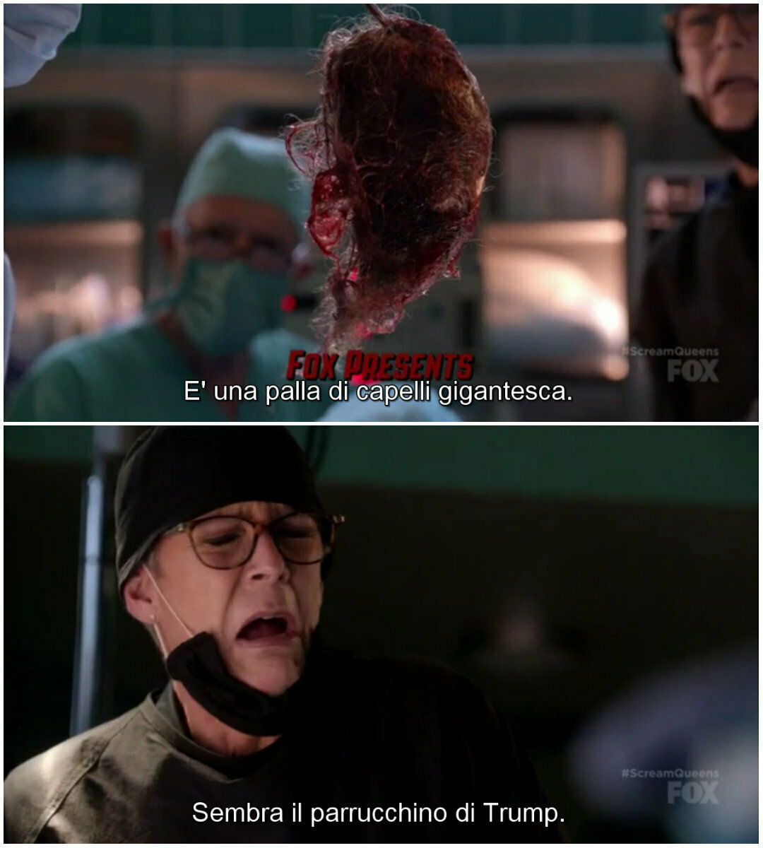 Clicca per vedere l'immagine originale La Munsch è esterrefatta di fronte ai capelli ingeriti da Wes in Scream Queens 2
