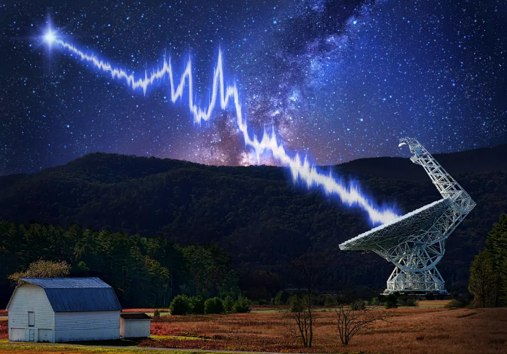 Illustrazione di un radiotelescopio mentre rileva lampi radio veloci