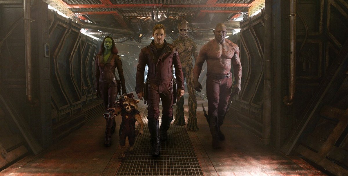 Da sinistra a destra: Gamora, Rocket Raccon, Star-Lord, Groot e Drax