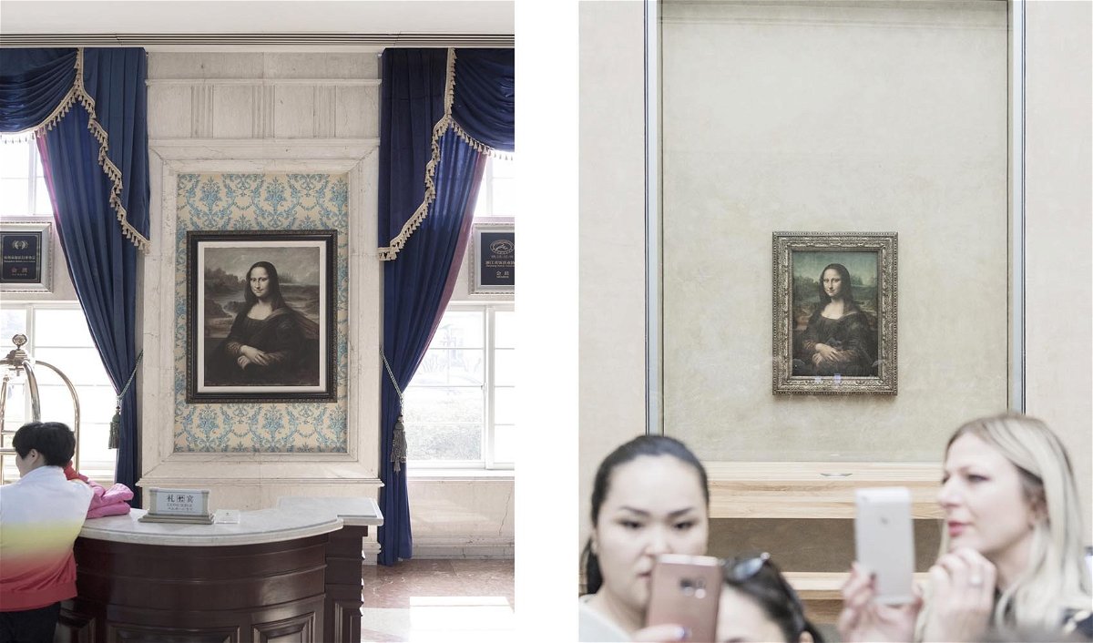 Confronto tra La Gioconda di Leonardo da Vinci a Parigi (destra) e la sua copia espsota a Tianducheng (sinistra)