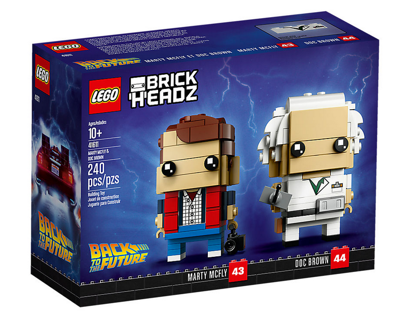Primo piano del box del set LEGO Brickheadz Marty McFly e Doc Brown