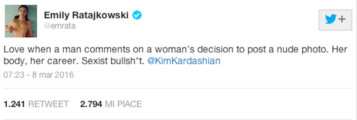Il tweet di Emily Ratajkowski in difesa di Kim Kardashian