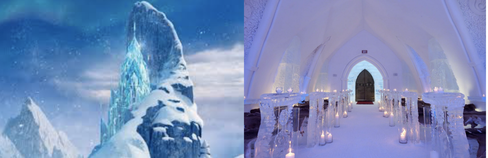 Clicca per vedere l'immagine originale Il castello di Frozen e l'interno dell'Hotel de Glace a confronto