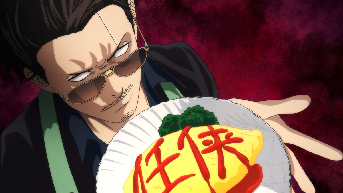 Tatsu realizza un'omelette conservando il suo sguardo truce