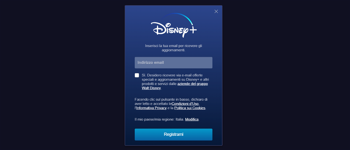 Il modulo per iscriversi alla newsletter di Disney+ Italia