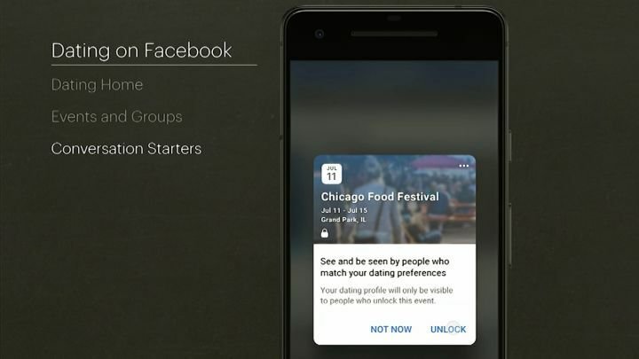 Screen della schermata degli eventi su Facebook Dating