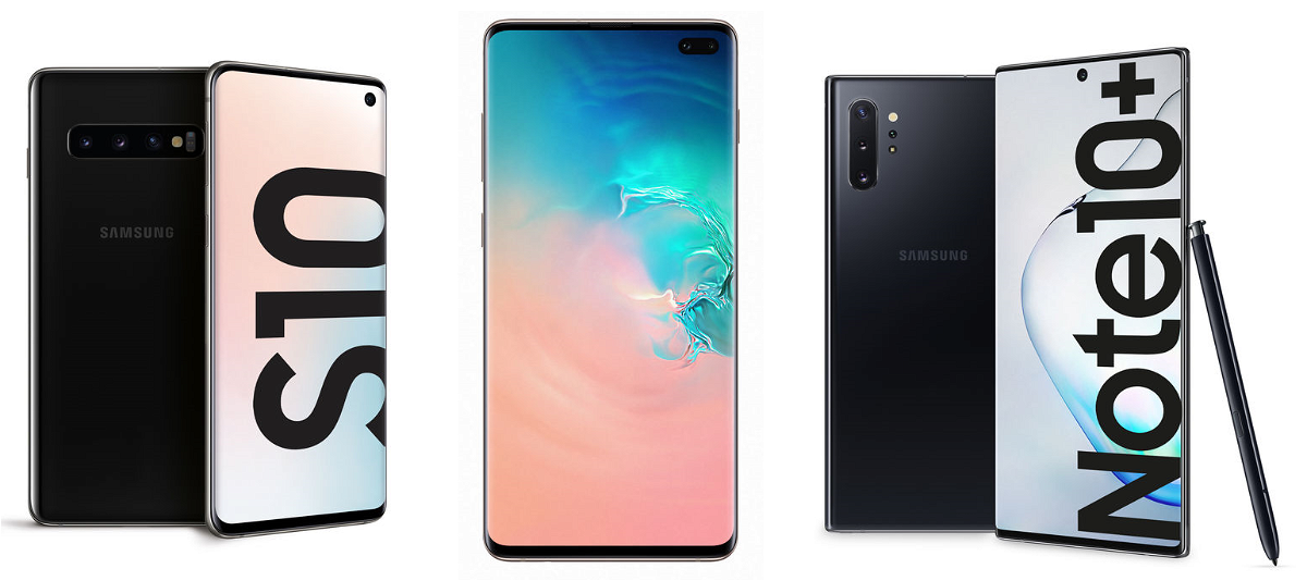 Da sinistra verso destra: Samsung Galaxy S10, S10+ e Note 10+