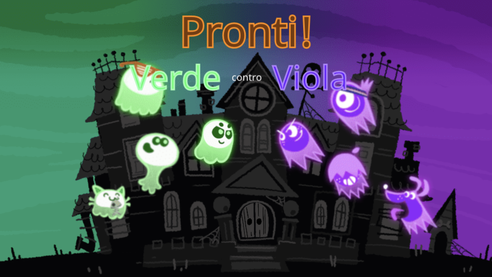 Clicca per vedere l'immagine originale Uno screen con le squadre Verde e Viola del Doodle-gioco di Google per Halloween 2018