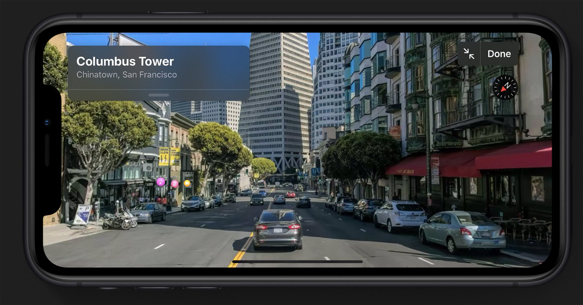 Immagine promozionale della navigazione 3D di Mappe in iOS 13
