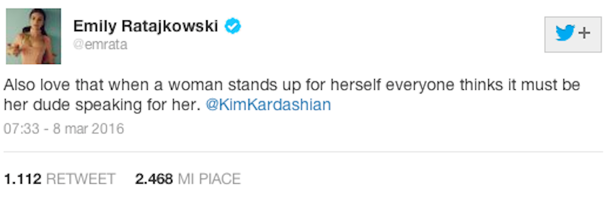 Tweet di Emily Ratajkowski in difesa di Kim Kardashian