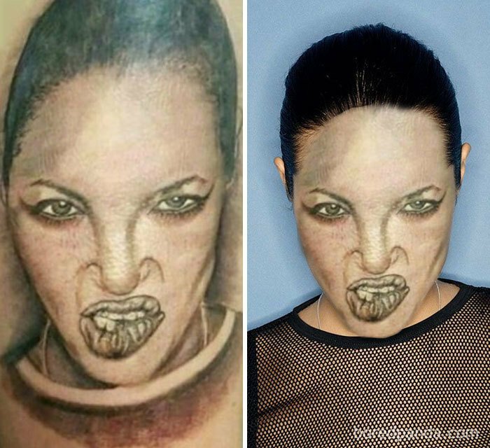 Face-swape su tatuaggi eseguiti male: il volto di Angelina Jolie 