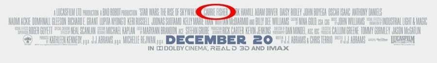 I credit nel poster americano di Star Wars: L'Ascesa di Skywalker, cerchiato in rosso c'è il nome dell'attrice Carrie Fisher