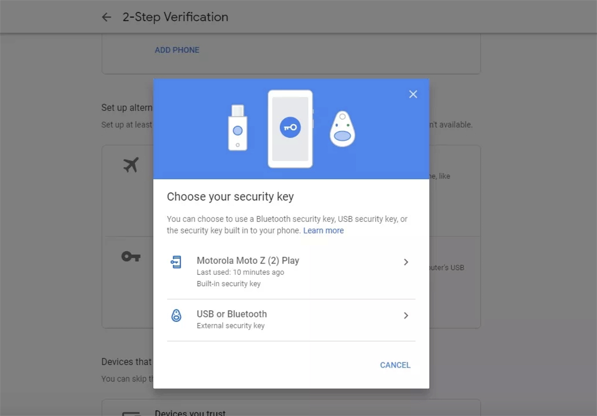 Lista dei dispositivi utilizzabili come chiavi di sicurezza per i servizi Google