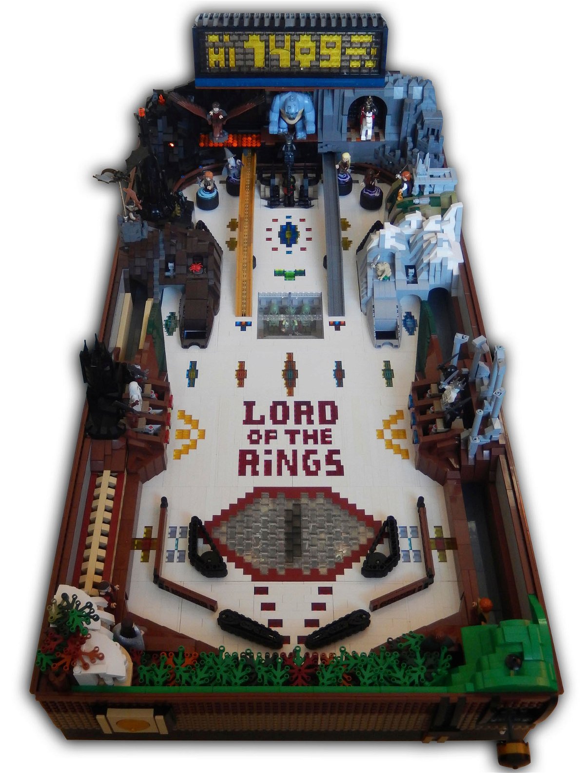 Primo piano del pinball di LEGO a tema Signora degli Anelli