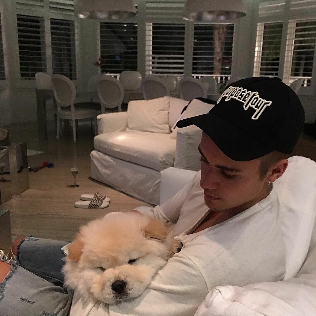 Primo piano di Justin Bieber con il suo cane