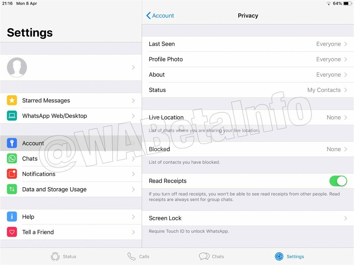 Screen della sezioni 'Impostazioni' di WhatsApp per iPad