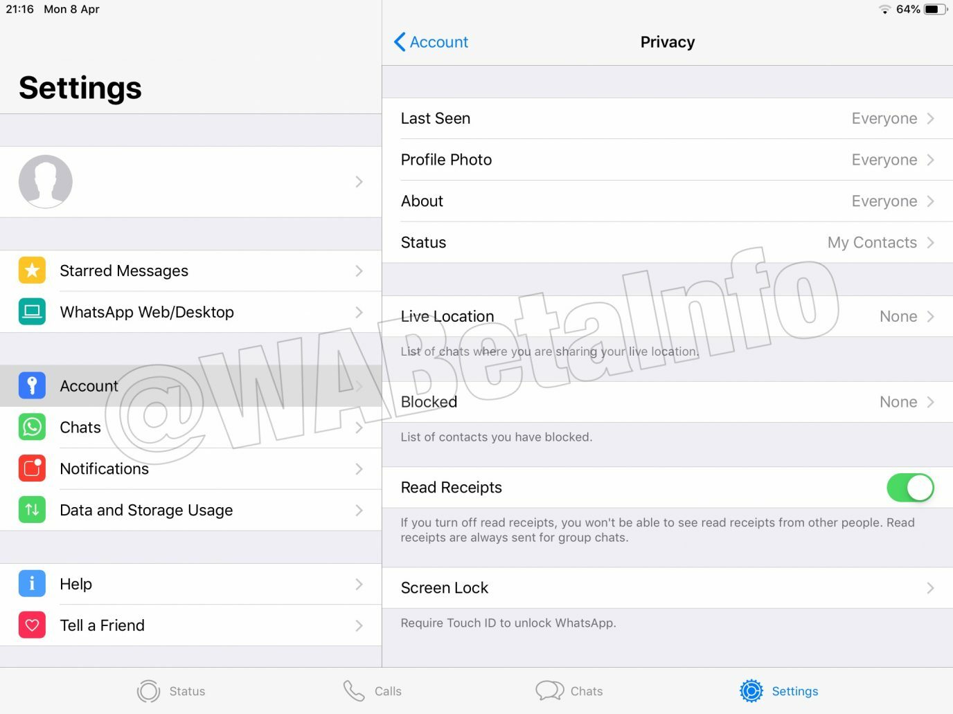 Clicca per vedere l'immagine originale Screen della sezioni 'Impostazioni' di WhatsApp per iPad