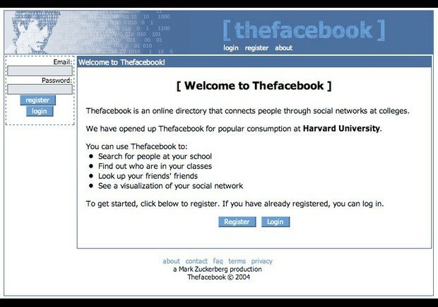 Screen della schermata di log-in di TheFacebook