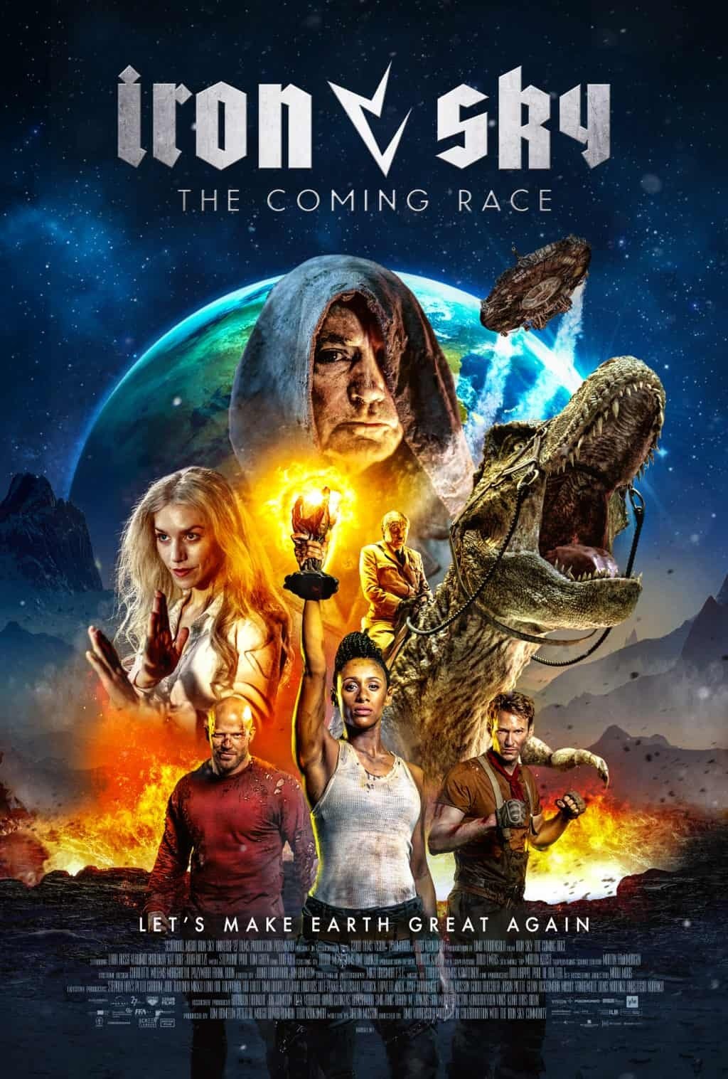 Il poster di Iron Sky: The Coming Race presenta i protagonisti e sullo sfondo Hitler zombie su un T-Rex