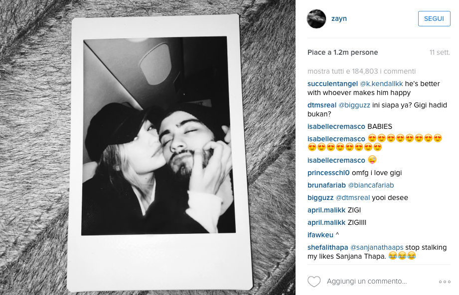 Il primo scatto insieme di Zayn Malik e Gigi Hadid su Instagram
