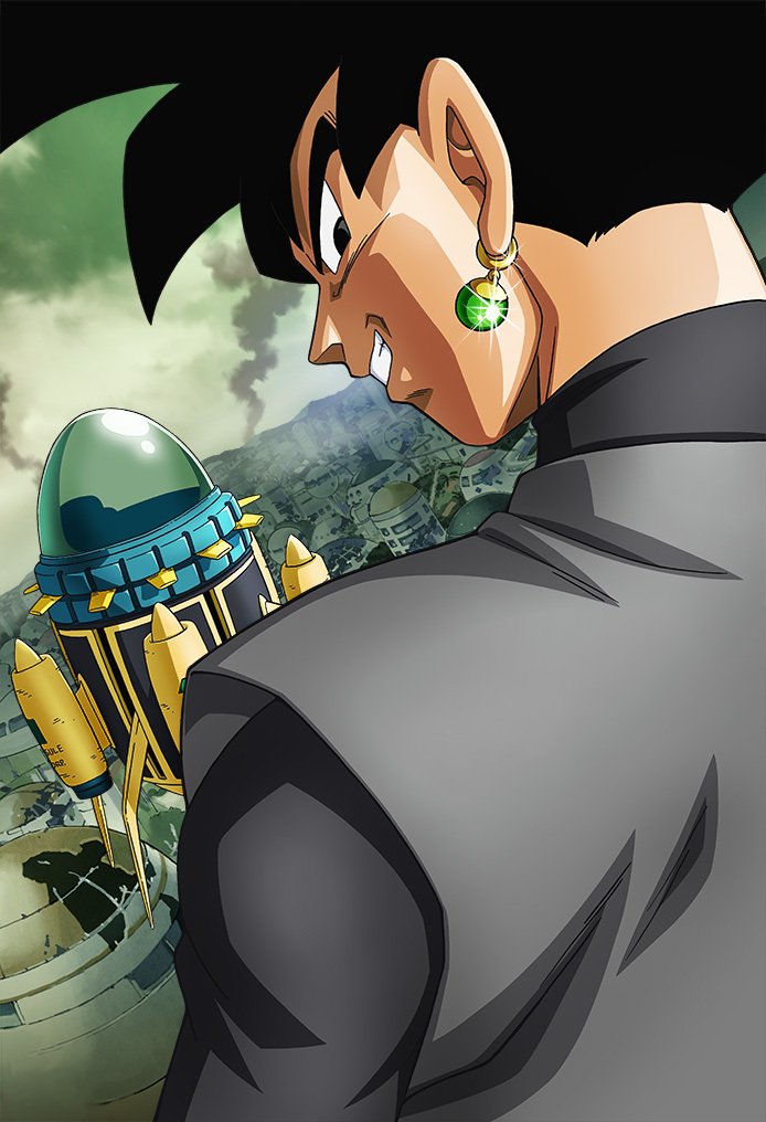 Black Goku con gli orecchini Potara di fianco alla macchina del tempo di Trunks