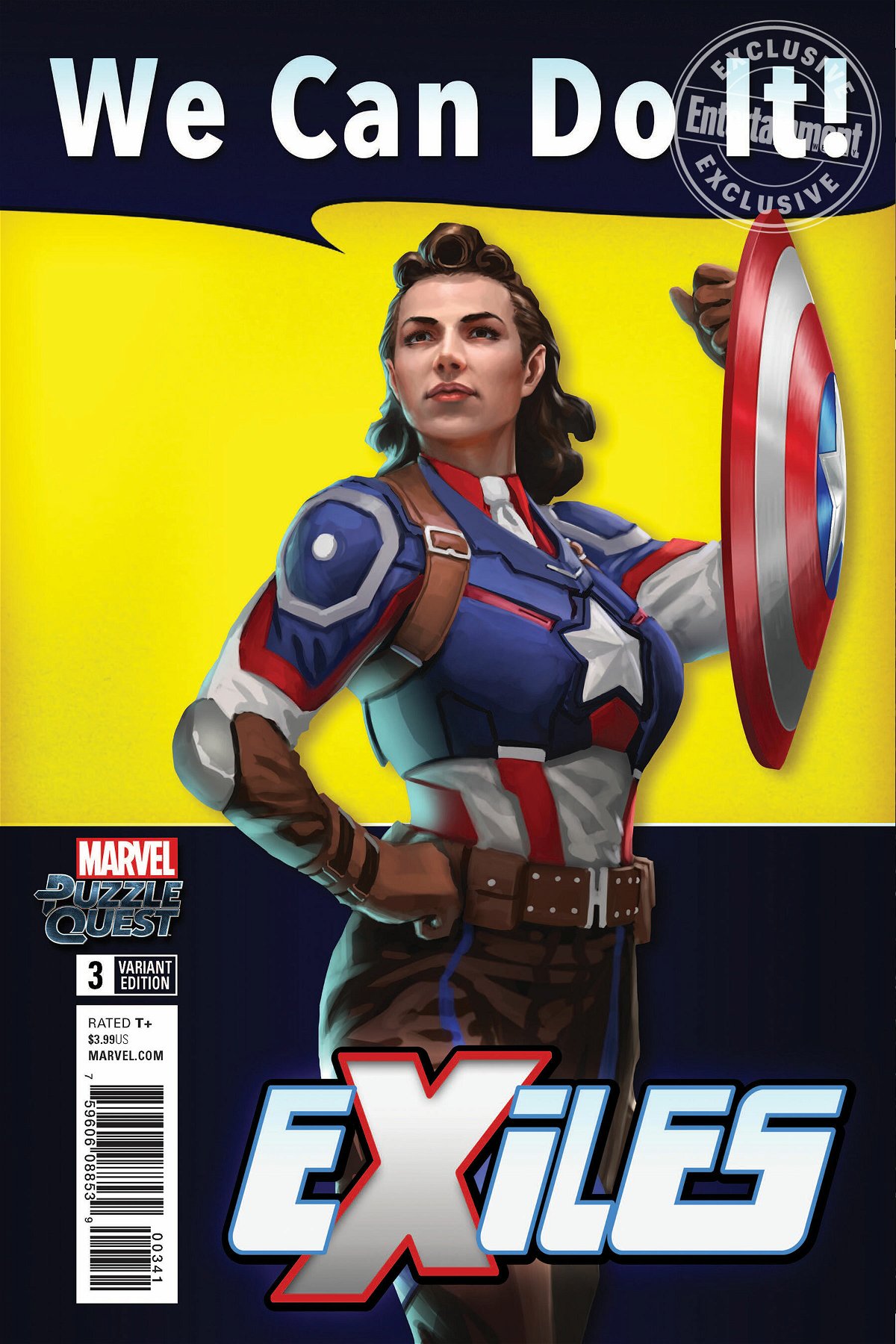 La copertina del terzo numero della serie a fumetti Marvel Exiles con Peggy Carter versione Captain America