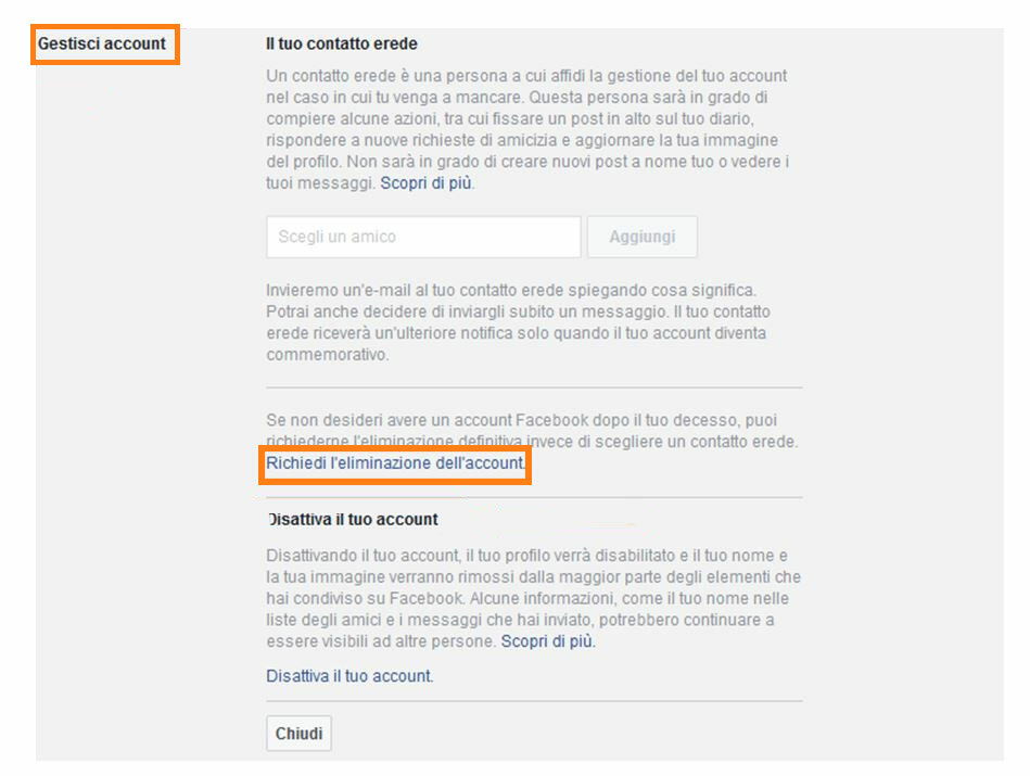 Secondo passaggio per eliminare il proprio account Facebook