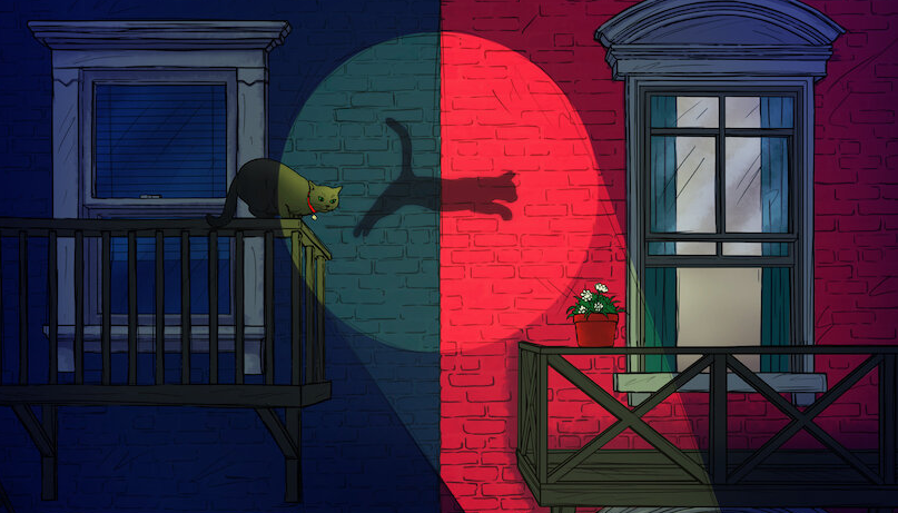 Una vignetta in cui un gatto salta da un balcone all'altro