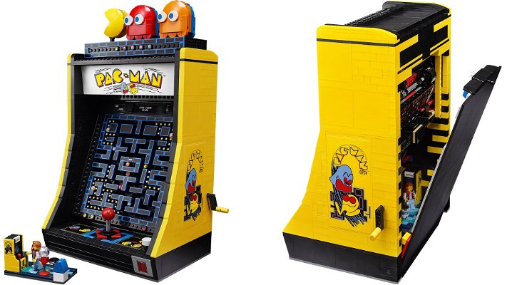 Il set LEGO Icons #10323 PAC-MAN Arcade (vista frontale e del retro apribile)