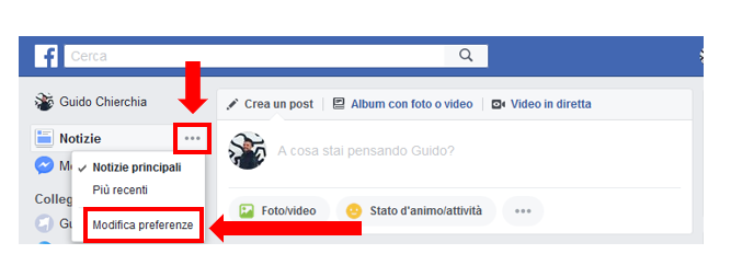 Primo passaggio del secondo modo per attivare Pagine Preferite su Facebook: cliccare 'Modifica preferenze' da 'Notizie'