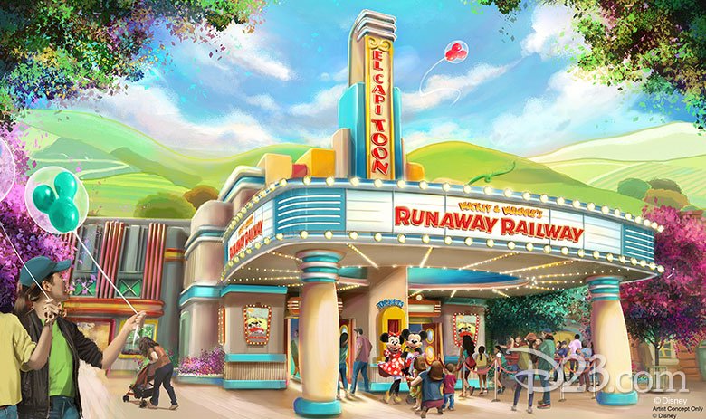 Concept art dell'attrazione Rushway Railway di Topolino e Minnie