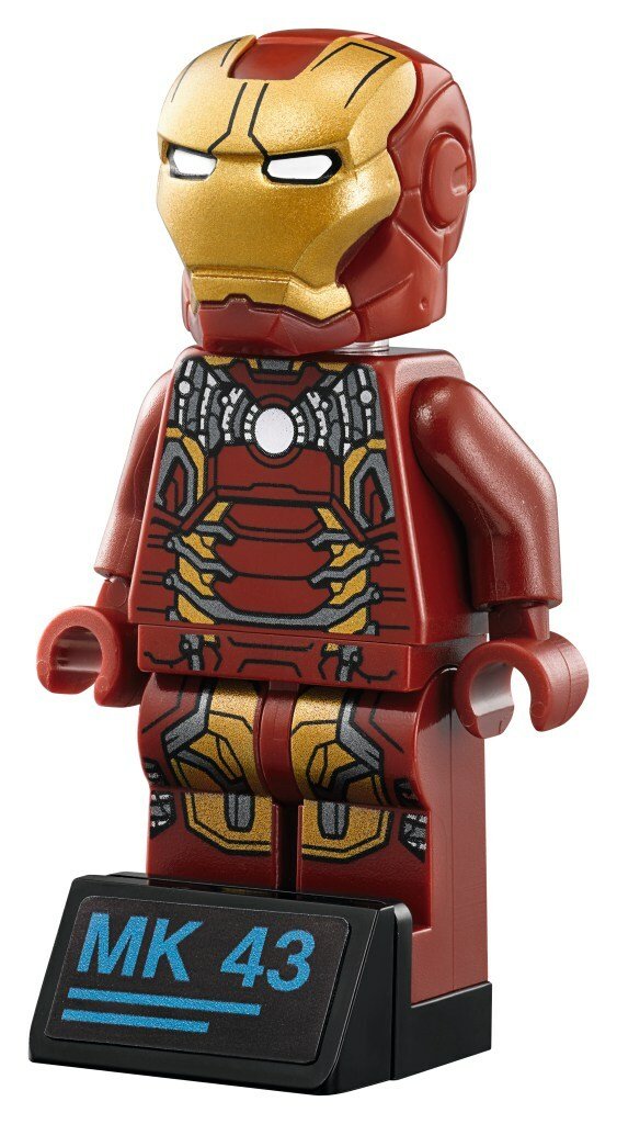 Primo piano della Minifigure Iron Man Mark 43 di LEGO
