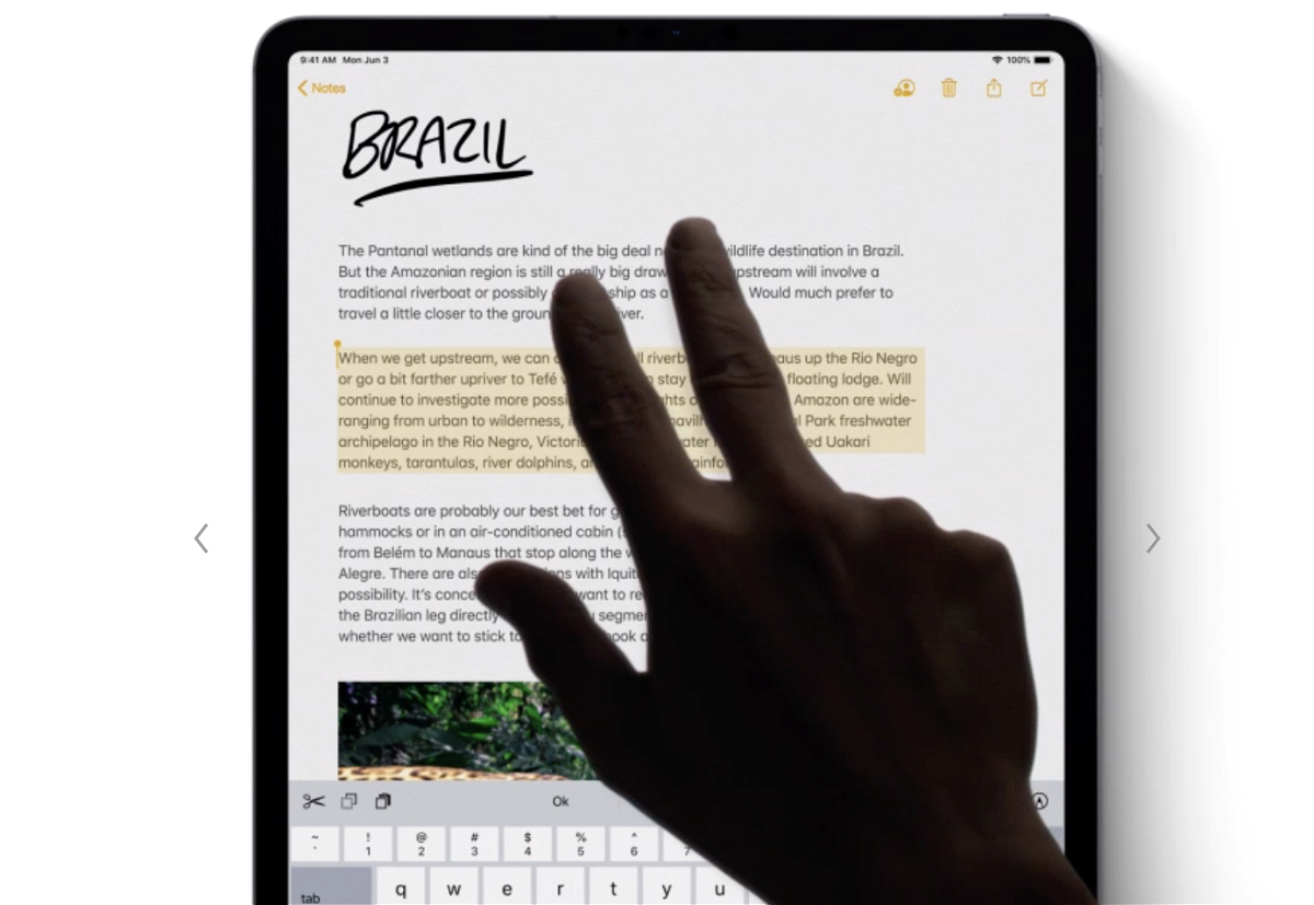 Screen della nuova gesture con tre dita di iPadOS per tagliare una porzione di testo