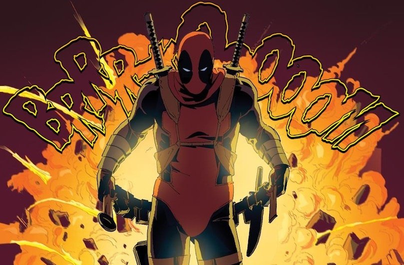 Deadpool con alle spalle un'esplosizone enorme