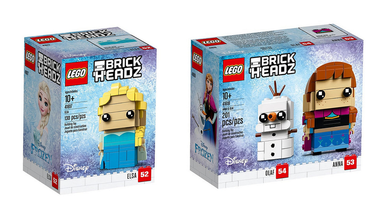 Dettaglio dei due box LEGO BrickHeadz di Elsa, Anna e Olaf