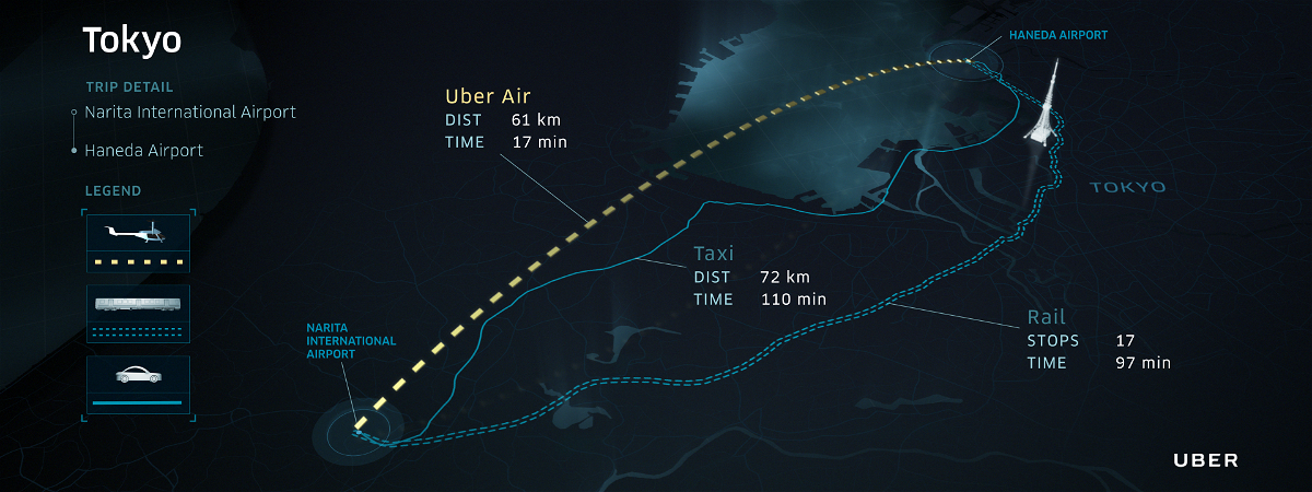 Uber ha tracciato le potenziale rotte Uber Air a Tokyo