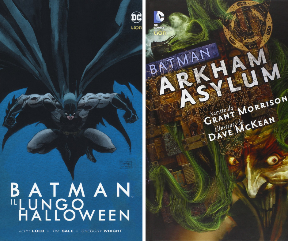 A sinistra la cover del fumetto Batman: Il lungo Halloween, a destra la cover del fumetto Batman: Arkham Asylum