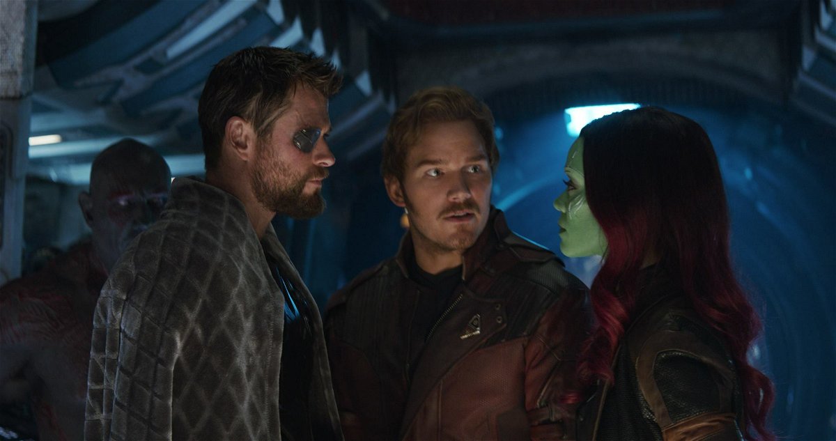 Chris Hemsworth, Chris Pratt e Zoe Saldana nei panni di Thor, Star-Lord e Gamora in Avengers: Infinity War