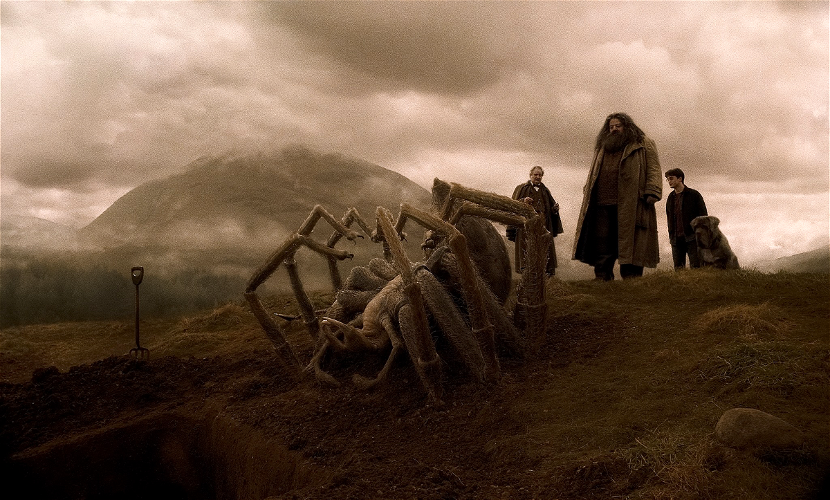 Lumacorno, Harry ed Hagrid assistono al funerale di Aragog di fronte alla sua gigantesca carcassa