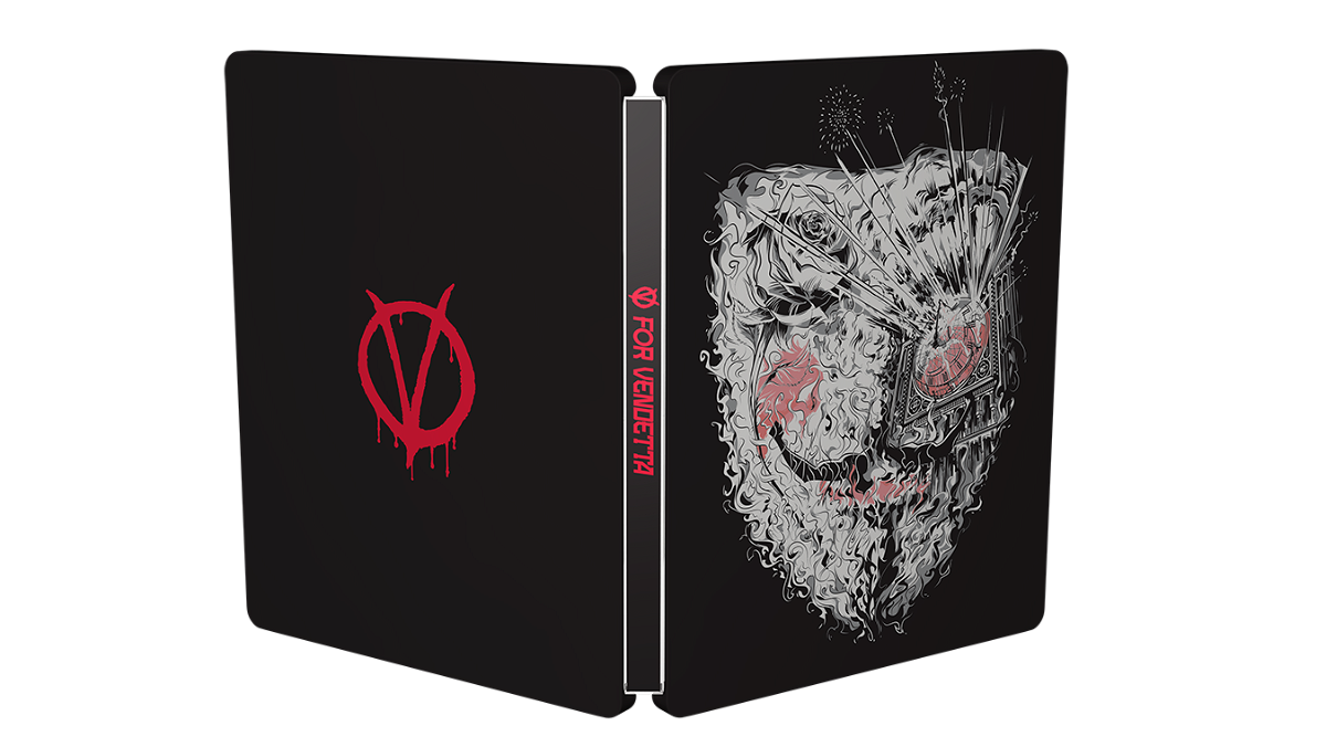Packshot con fronte, costa e retro di V for Vendetta in versione Mondo x Steelbook