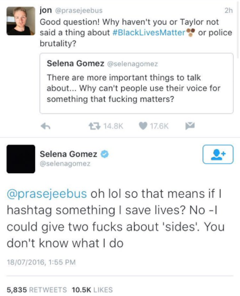 Immagine dei tweet di Selena Gomez ora rimossi