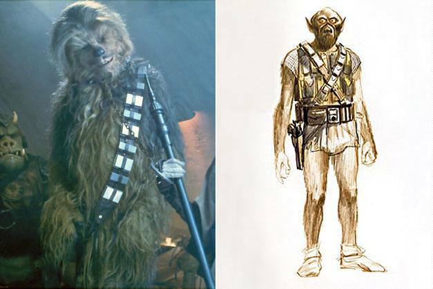 Clicca per vedere l'immagine originale Il personaggio Chewbecca dal concept art al film