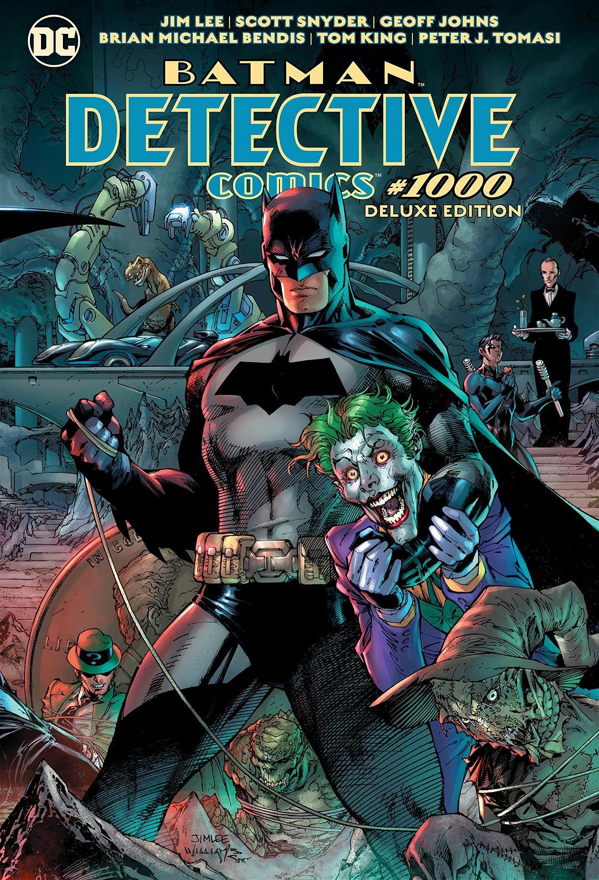 Batman tiene sotto braccio Joker nella cover del fumetto Batman Detective Comics 1000
