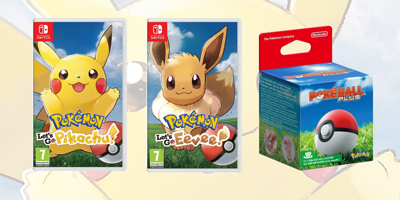 Le boxart e la Poké Ball Plus per Pokémon Let's Go Pikachu e Eevee