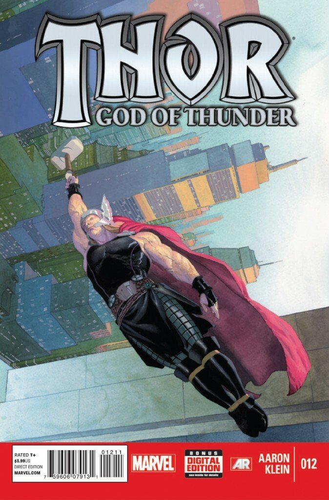 Thor vola con in mano il suo martello nella cover del fumetto Thor: God of Thunder n. 12