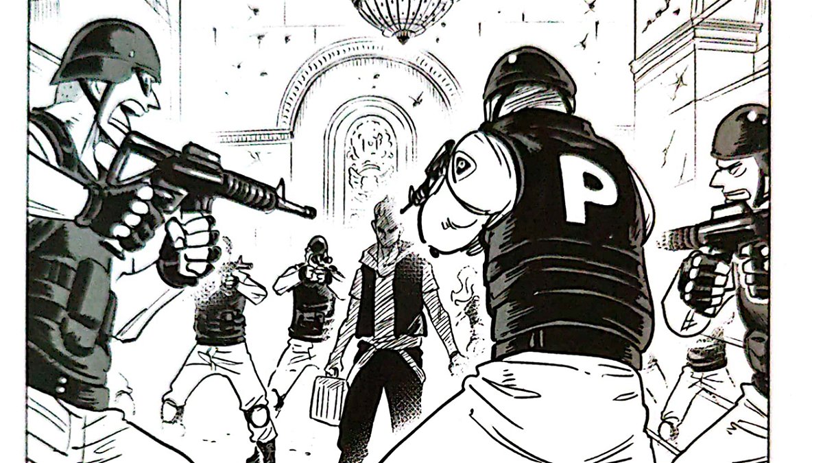 Teknoyd - Il colpo finale, una delle prime pagine del mangame, qui il protagonista viene fermato dalla polizia